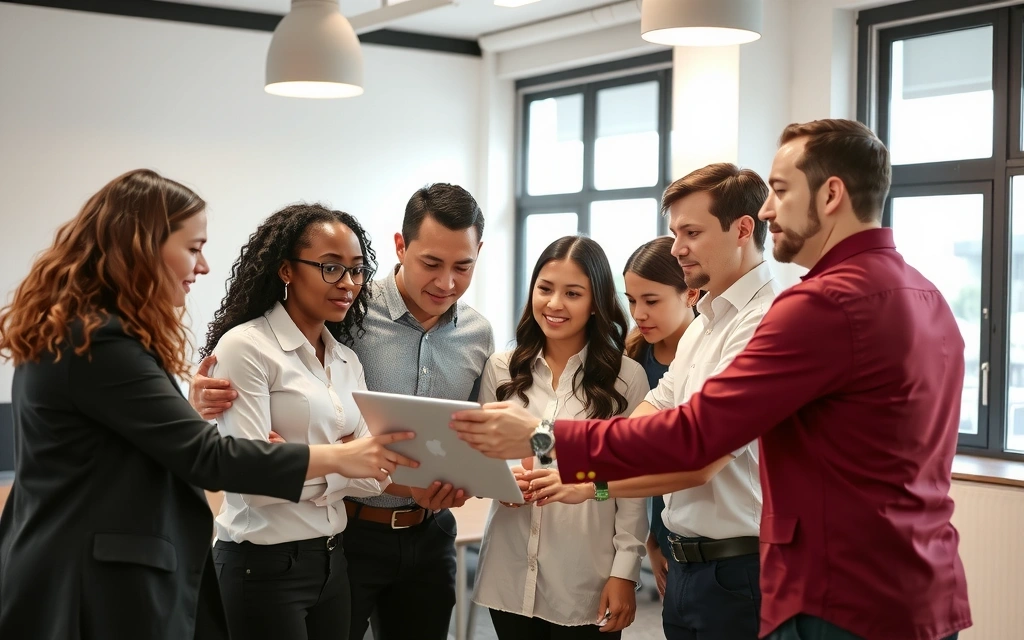 Professional team collaborating in a modern office environment, diverse and focused on technology