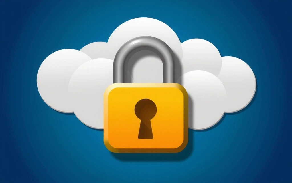 Cybersecurity lock icon protecting a cloud server graphic