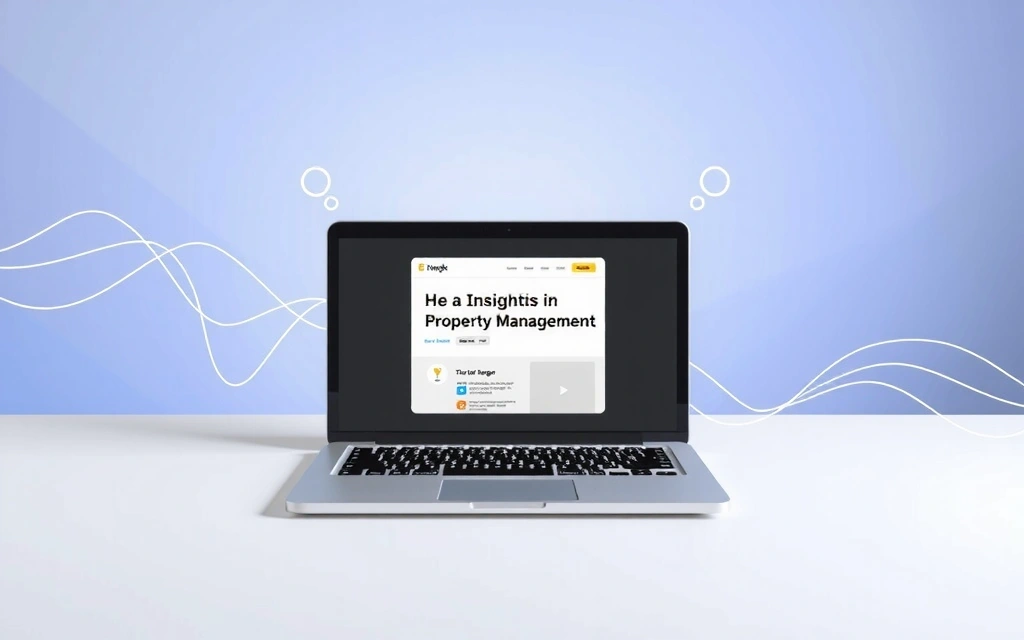 Open laptop with a blog interface, surrounded by abstract data points and thought bubbles representing innovation in property management