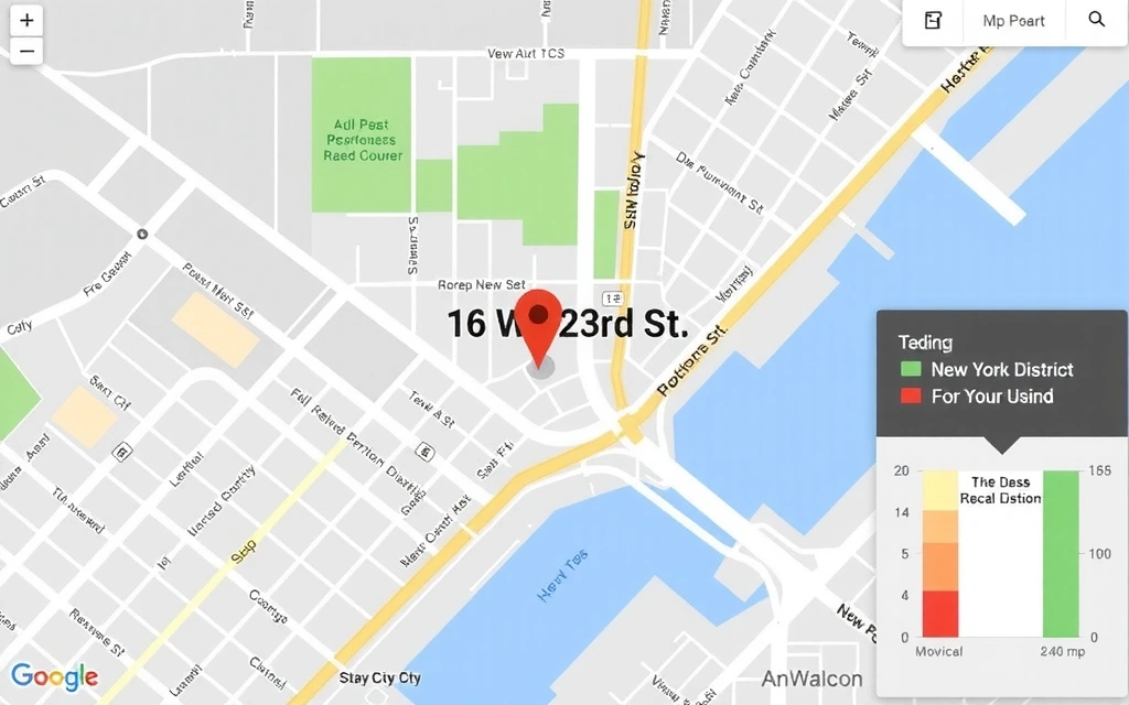 Detailed map of New York City with a pin indicating the exact location of Tech Solutions Inc. office at 16 W 23rd St, New York, NY 10010, USA. No text or letters on the map.