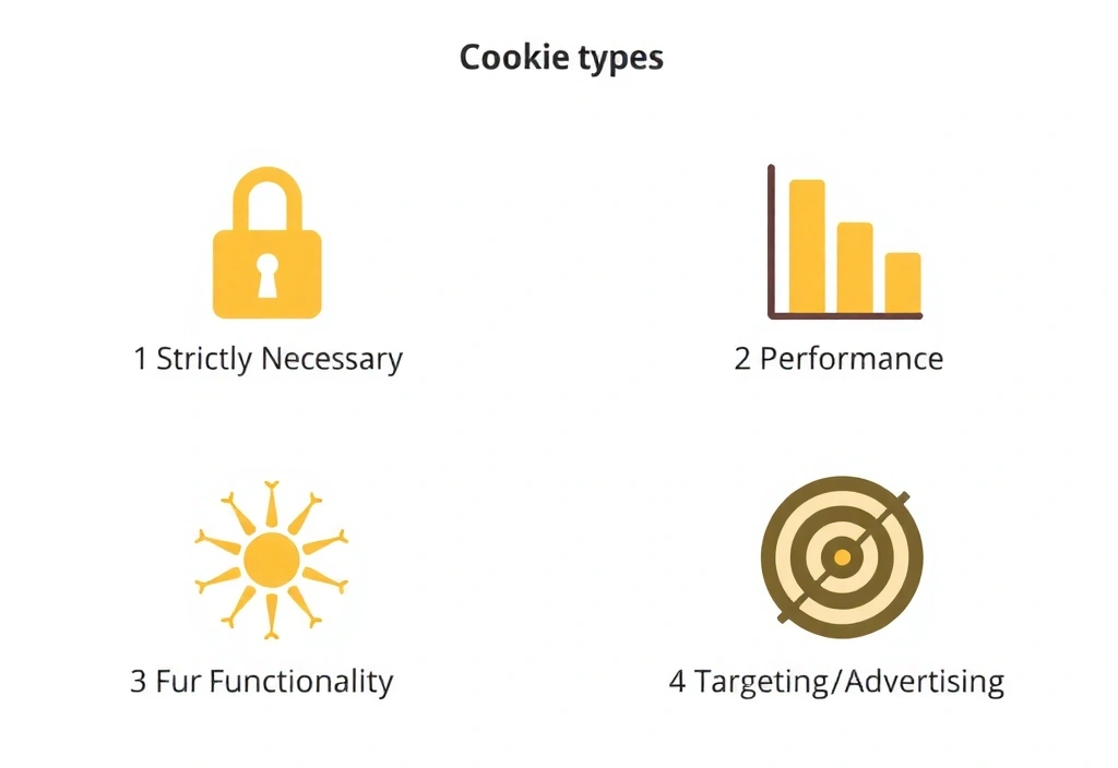 Stylized icons representing different cookie types: a padlock for necessary, a bar chart for performance, a cogwheel for functionality, and a target for advertising cookies, arranged in a visually appealing grid.
