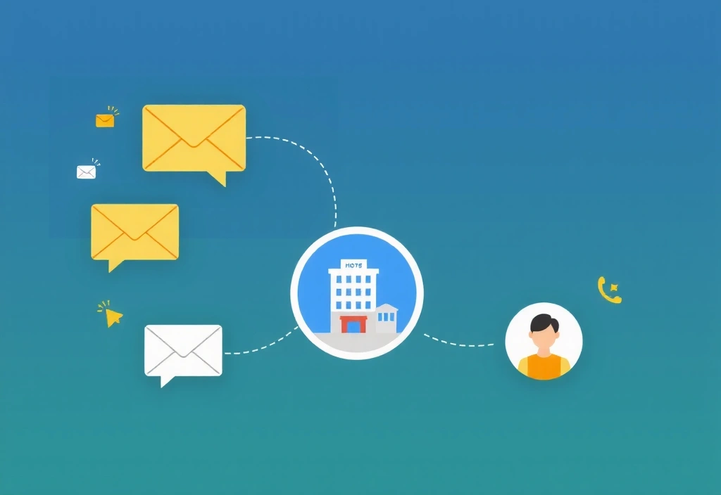 Digital communication bubbles and icons (email, chat) flowing between a hotel icon and a guest icon