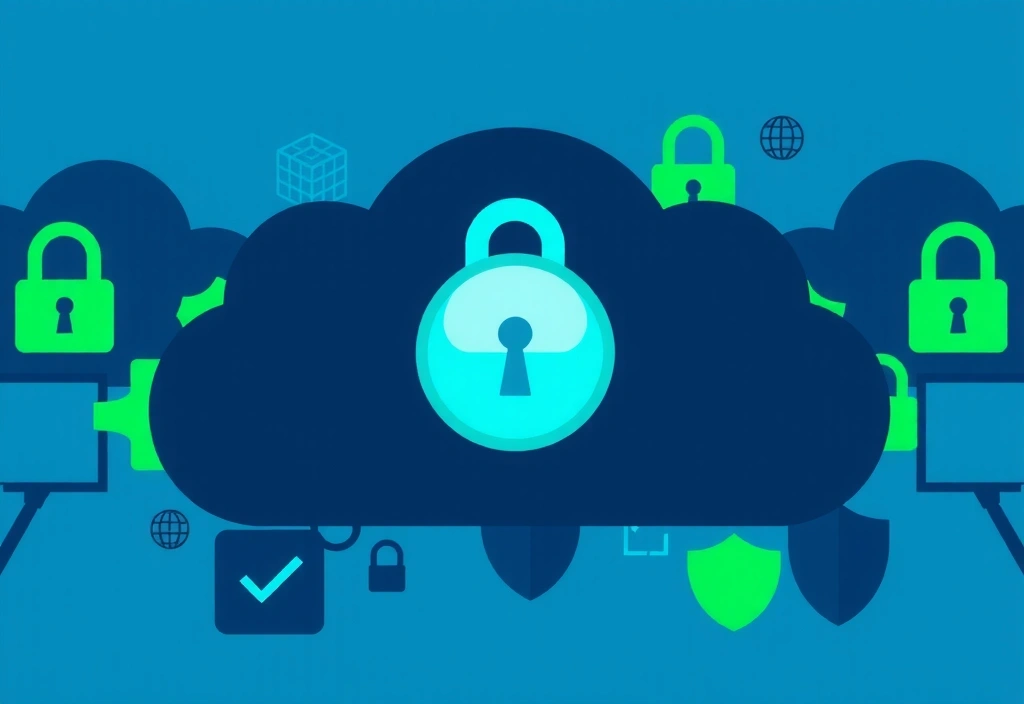 Padlock icon within a cloud shape, surrounded by abstract security elements