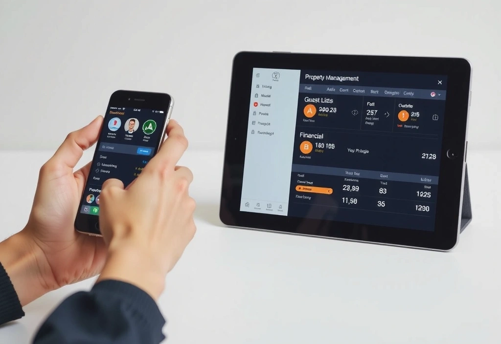 Smartphone and tablet displaying a property management interface, with a hand interacting