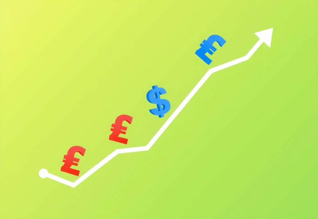 Upward trending financial graph with currency symbols, representing revenue growth