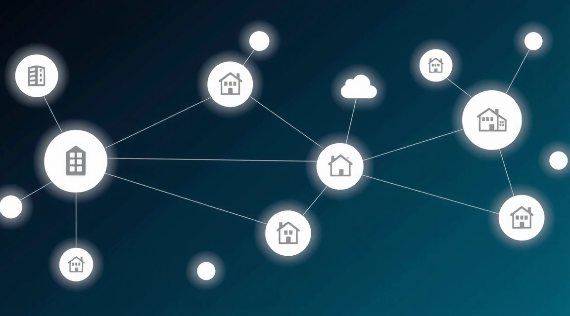 Abstract digital network connecting hotel icons and cloud symbols, representing seamless property management technology.