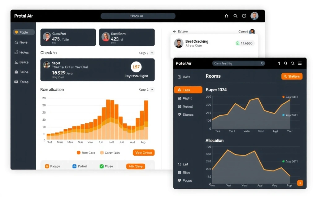 Protel Air interface screenshot with data visualizations and hotel management dashboard