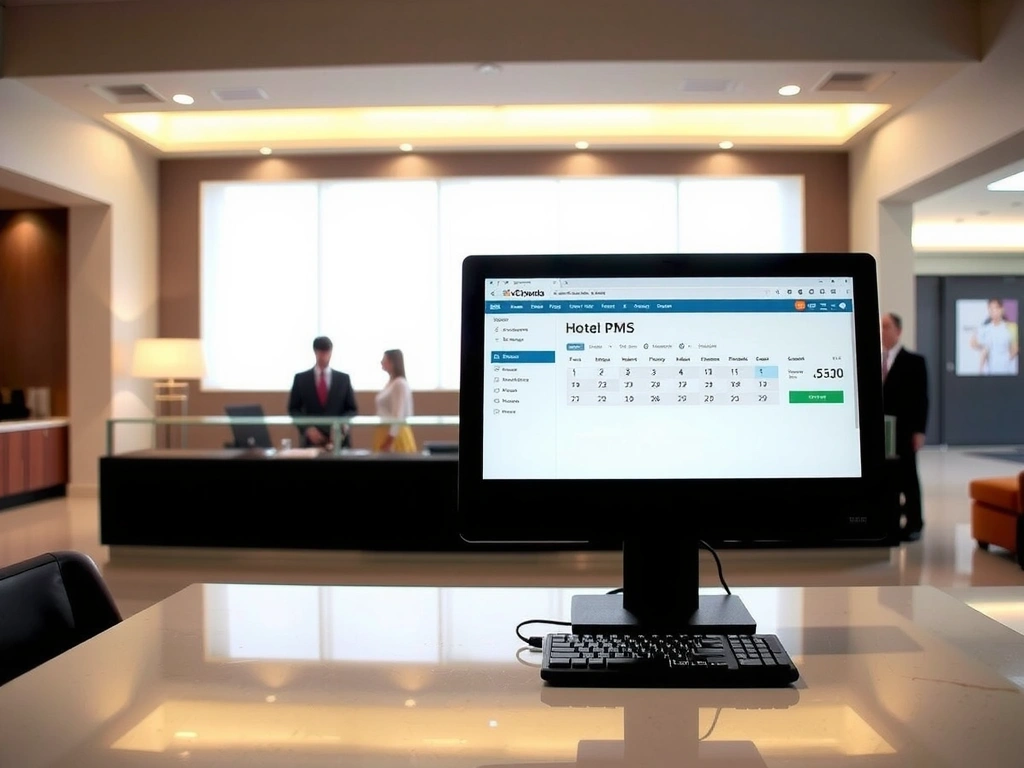 A sophisticated hotel lobby with a front desk, showing a modern PMS interface on a computer screen, signifying efficient hotel operations.