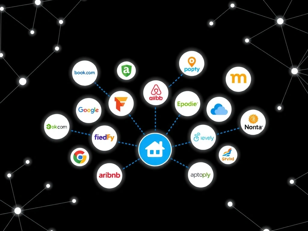 Digital representation of multiple online travel agencies (OTAs) interconnected with a central property management system, symbolizing a channel manager.